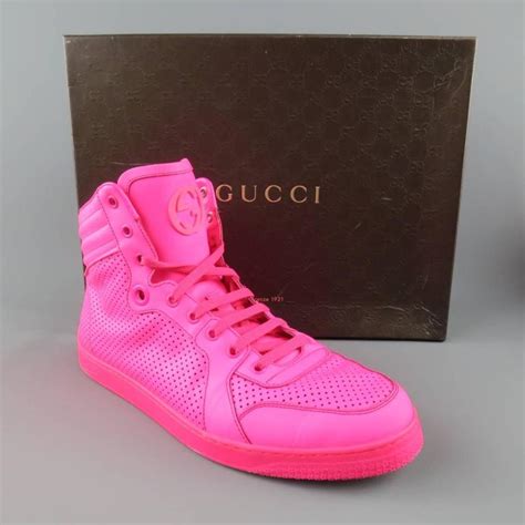 Men's GUCCI Size 11 Neon Pink Perforated Leather High Top 